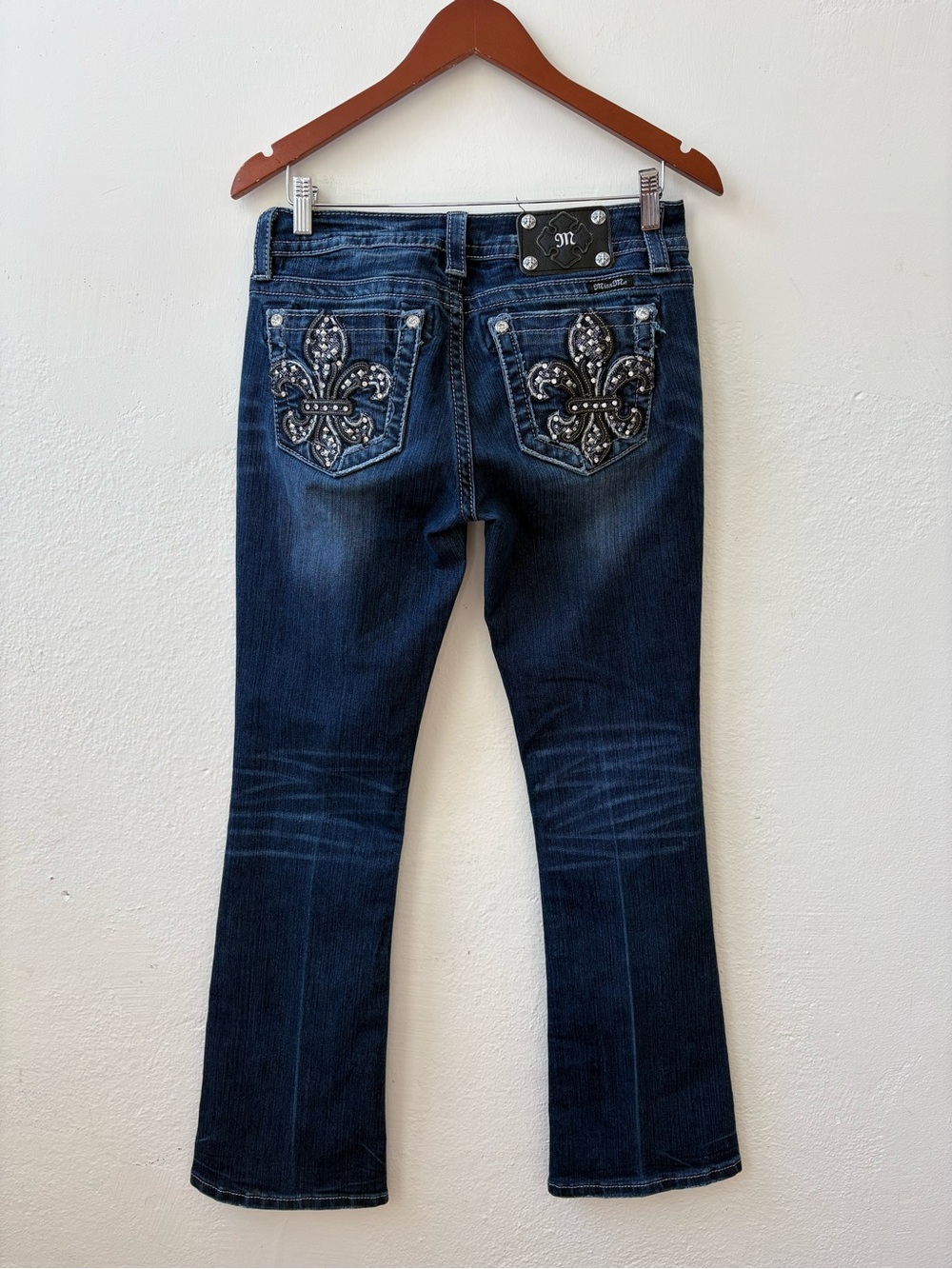 ⁠Miss Me Size 29 Signature Bootcut Fleur de Lis Rhinestone Pocket Jeans